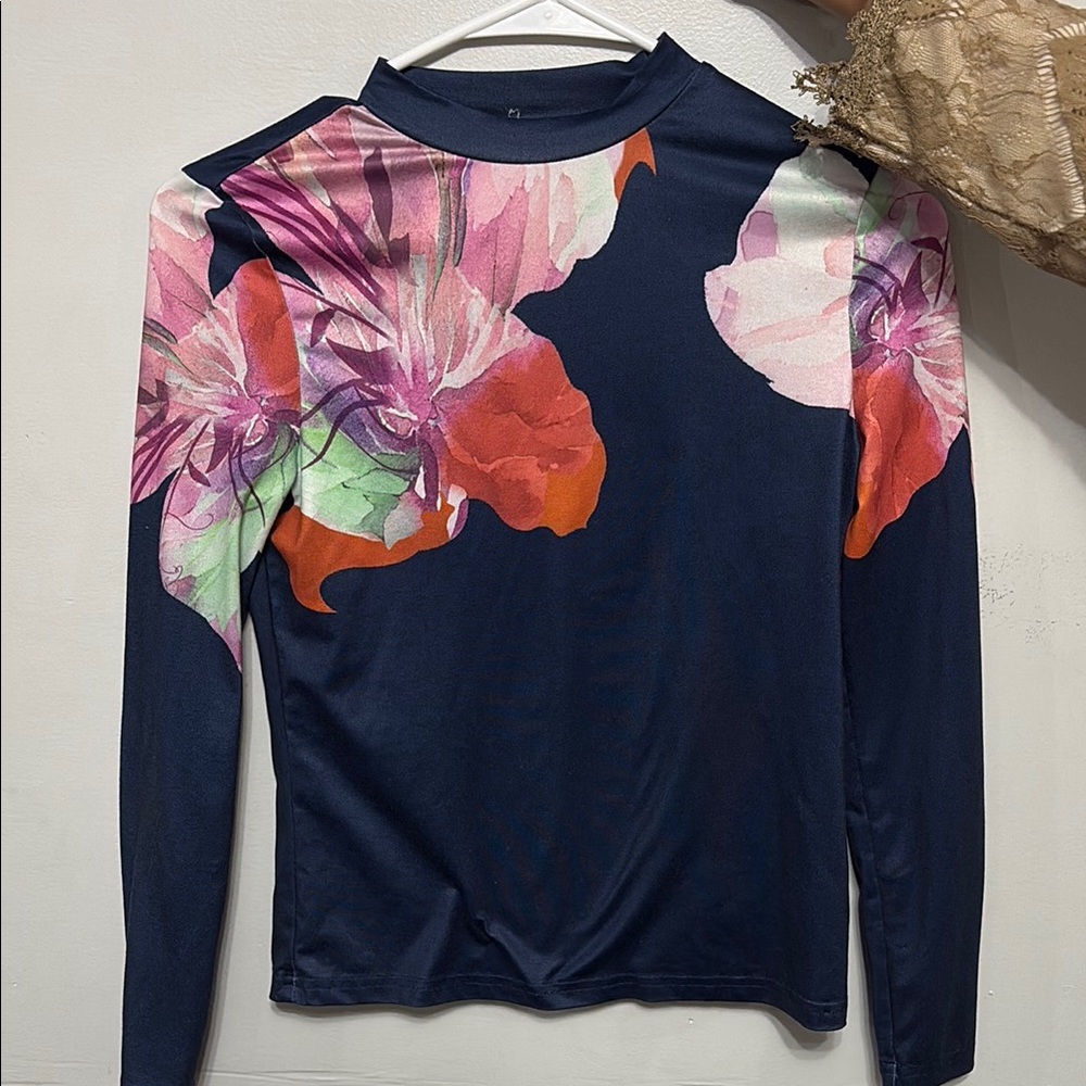 Floral Long Sleeve Top - Navy and Pink